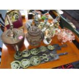 Horse brasses, a copper kettle, a carved tobacco jar and other items to include Capodimonte style