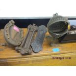 A mixed lot to include a horseshoe door knocker, two letter boxes and a mixture of hand coloured