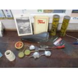 Retro tools and collectables to include a Brooks bicycle seat, a Motor Manual 35th Edition, oil cans