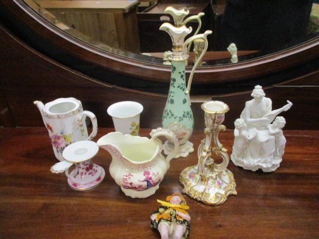 19th Century and later English and continental ceramics to include a Meissen candle holder, a