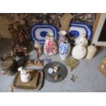 A mixed lot of mainly Victorian ceramics and metalware to include a kettle, tableware, hot water