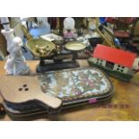 A mixed lot to include cast iron scales, a Noah's Ark, an ebonized framed tapestry tray depicting