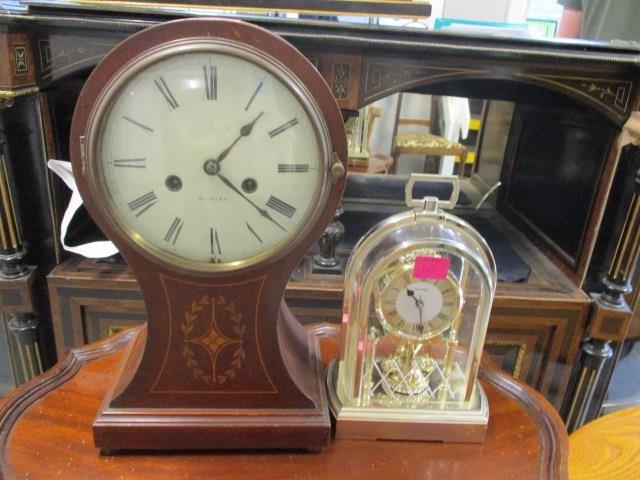 Two clocks to include an Edwardian mahogany inlaid mantel clock, 15 1/4"h, together with a modern