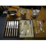 Silver and silver plate to include a set of six silver handled dessert knives, silver plated jugs