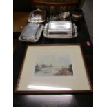 Silver plate to include three entree dishes, a Royal Doulton Slaters patent vase, a milk jug, a