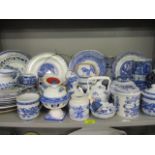 Blue and white ceramics together with Willow pattern china