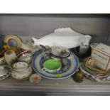 A large Japanese blue and white charger, A/F, mixed ceramics, decorative plates and a pair of