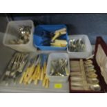 Silver plated cutlery to include rat tail pattern, dessert knives and forks, sauce ladles,