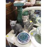 A Winstanley pottery cat, a composition model of a cat, a pottery jardiniere stand and mixed china