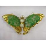 A 22ct gold jade and pearl butterfly brooch, 3 1/2" w A/F