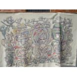 Michael O'Connell - a paste resist on woven fabric wall hanging depicting interwoven figures and