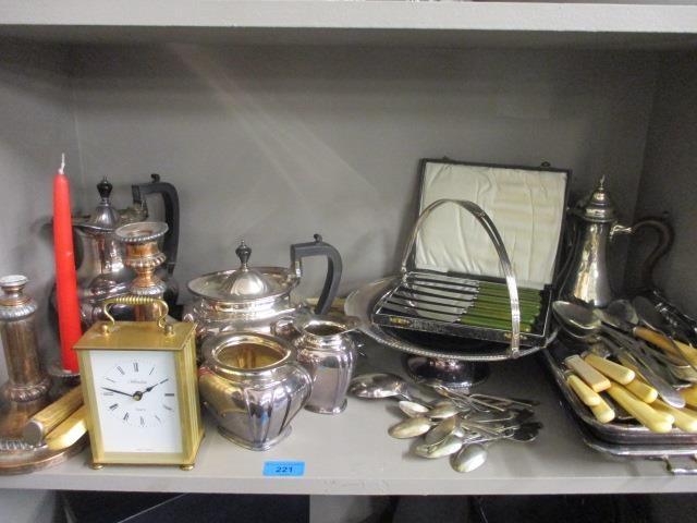 Mixed silver plated items to include cutlery, together with a carriage clock