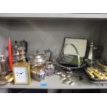 Mixed silver plated items to include cutlery, together with a carriage clock