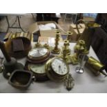 Metalware to include two pairs of brass candlesticks, clocks, a bell and other items