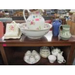 A mixed lot to include a wash jug and bowl, a Colclough teaset, a Doulton vase, Wedgwood and other