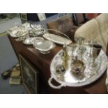 A selection of silver plate to include entree goblets, a tray and other items