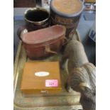 A carved Chinese hardwood pot with lid, a carved model of a lion, a Widnes box of weights and