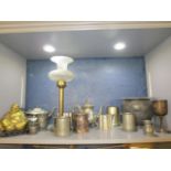 A quantity of mixed metalware to include a brass lamp with a frosted glass shade, Victorian and