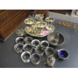 Silver napkin rings, Japanese white metal napkin rings, mixed silver plate and an Eastern brass bowl