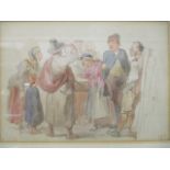 YAP - a 19th century view of a small crowd gathered around a peddler, watercolour initialed lower