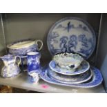 A mixed lot of blue and white china to include plates, a Wedgwood bowl and other items