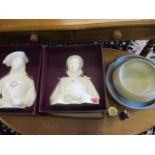 Two cream limited edition china busts of 16th century Royal figures in presentation boxes together