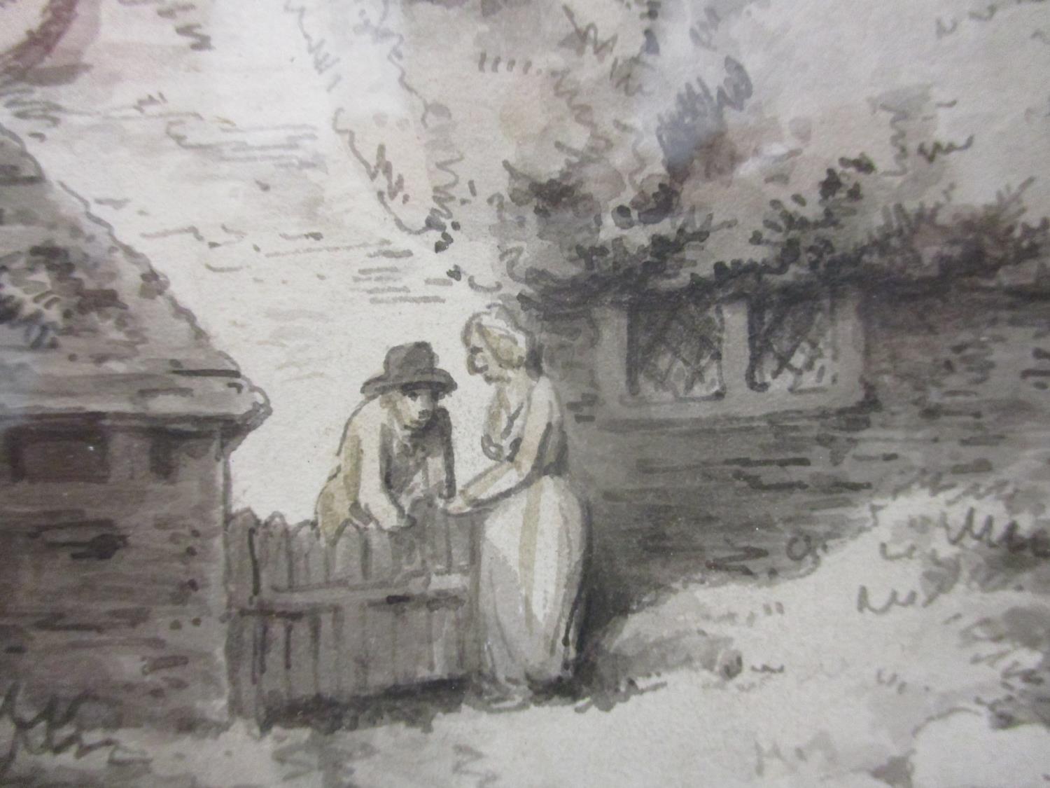 Mid 19th century British School - a view of two people chatting over a gate by cottages with two - Image 3 of 4