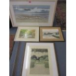 Jacqueline Penney - Birds Crossing The Shore - print together with two rural watercolours and a