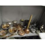 A mixed lot of metal items, to include two silver plate on copper wine coasters, a white metal sugar