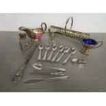 A selection of silver and silver plated items to include a small oval box with a rose knop to the