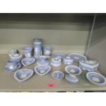 A quantity of Wedgwood blue Jasper ware, trinket boxes, vases and other items (19)