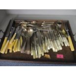A selection of silver and silver plated cutlery to include two Georgian silver mustard spoons,