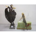 Two modern Art Deco style composition figures, one of a woman on a green onyx base, 8 1/2"h and