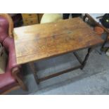 An 18th century oak table having a planked top, on turned, block legs, united by stretchers, 29"