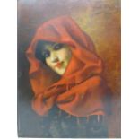 Carlo Pila - a head and shoulder portrait of a girl wearing a red tasselled scarf, oil on panel,