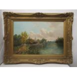 R Allan - a view of Marlow Bridge with boats and figure, oil on canvas, signed lower left corner,