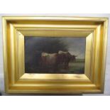 Circle of Sidney Cooper - Cattle standing in meadow water, oil on artist board, possibly signed