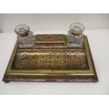 A Victorian Boulle desk stand surmounted a sarcophagus box with a hinged lid, flanked by a pair of