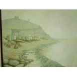 Romeo di Girolamo - Coastal scene with fishing boats beached in front of beech huts, oil on board,