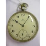 An early 20th century Omega, open faced, nickel cased pocket watch, signed white enamel dial with