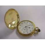 An 18k Longines full Hunter pocket watch with signed, white enamel dial and Arabic numerals,