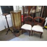 A mixed lot of furniture to include a reproduction display cabinet, a pair of balloon back chairs, a