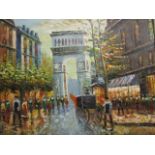 French School 20th century - a Parisian Street Scene, oil on board signed indistinctly lower right