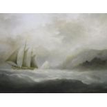 A marine coastal scene signed D Hewitt, with sail boats in rough water off the coast, 20th century