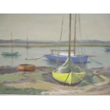 Leslie Kent - 'The Mud Berth' with sailing and rowing boars to the foreground and hills beyond,