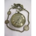 A Victorian silver, open faced pocket watch having a silvered, engraved dial and gold coloured Roman