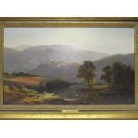 Attributed to Alfred De Breanski - a highland river scene with sheep and trees to the foreground and