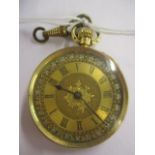 A late 19th/early 20th century 18k ladies fob watch having a gilt dial, blue spade hands and Roman