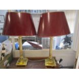 A pair of brass table lamps with reeded columns, 17"h and shades