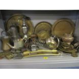 Mixed Eastern brass trays, together with silver plate, pewter and brass to include horse brasses